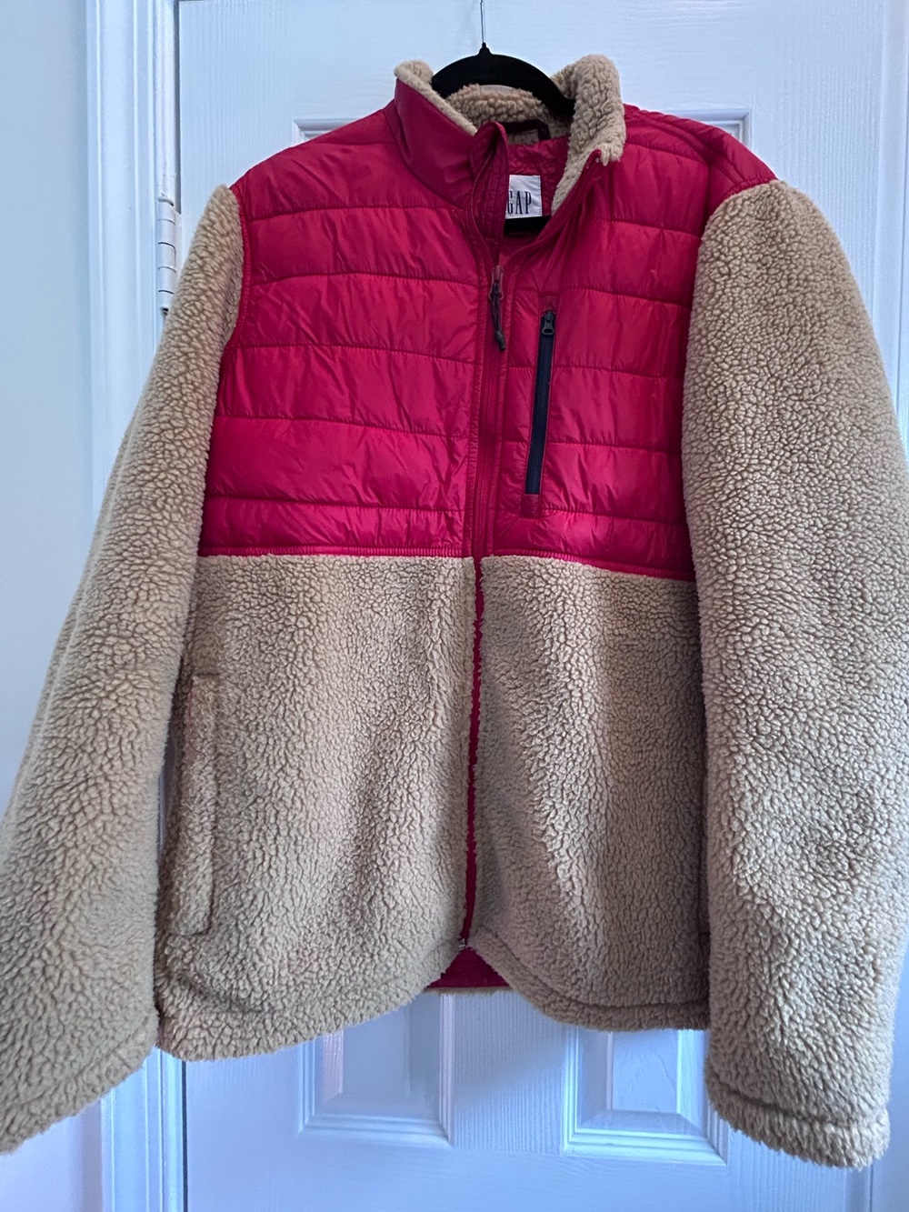 GAP Two-Tone Red and Tan Puffer & Sherpa Colorblock Jacket Large